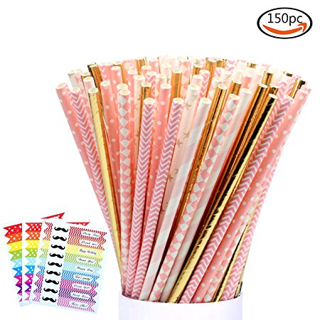 LoveS 150 Pack Biodegradable Paper Straw for Birthdays, Weddings, Baby Showers, Celebrations and Parties (Pink)