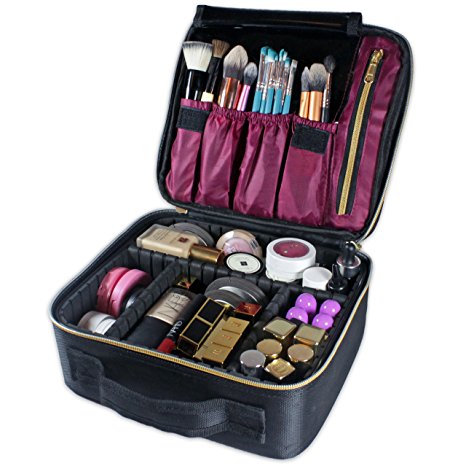 Travel Makeup Train Case Organizer Bag, Portable Cosmetic Case Artist Storage Bag with Adjustable Dividers for Cosmetics & Makeup Brushes or Toiletries (Velvet Red)