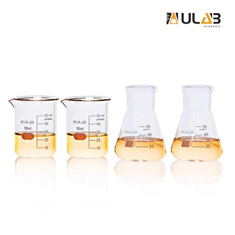 ULAB Scientific Tableware Laboratory Beaker Shot Glasses and Wide Neck Erlenmeyer Flask Set, 2pcs of 50ml Beakers with Spout, 2pcs of 50ml Conical Flask, 3.3 Borosilicate Glass, Printed Graduation