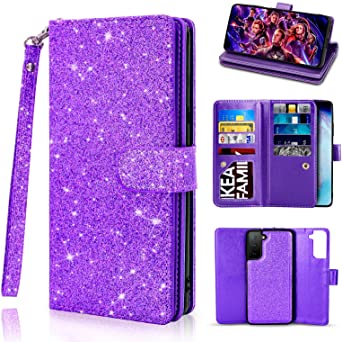 Newseego Compatible Samsung Galaxy S21 Plus Wallet Case (6.7 Inch),Glitter PU Leather Magnetic Closure Multi-Credit Card Slot Cash Holder Detachable 2 in 1 Wallet Cover with Wrist Strap - Purple
