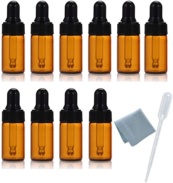 ELFENSTALL- 10pcs 10ml 1/3oz Amber Mini Glass Bottle Amber Sample Vial Small Essential Oil Bottle with Glass Eye Dropper Refillable Containers   1pc Glass Clean Cloth   1pc 3ml Dropper
