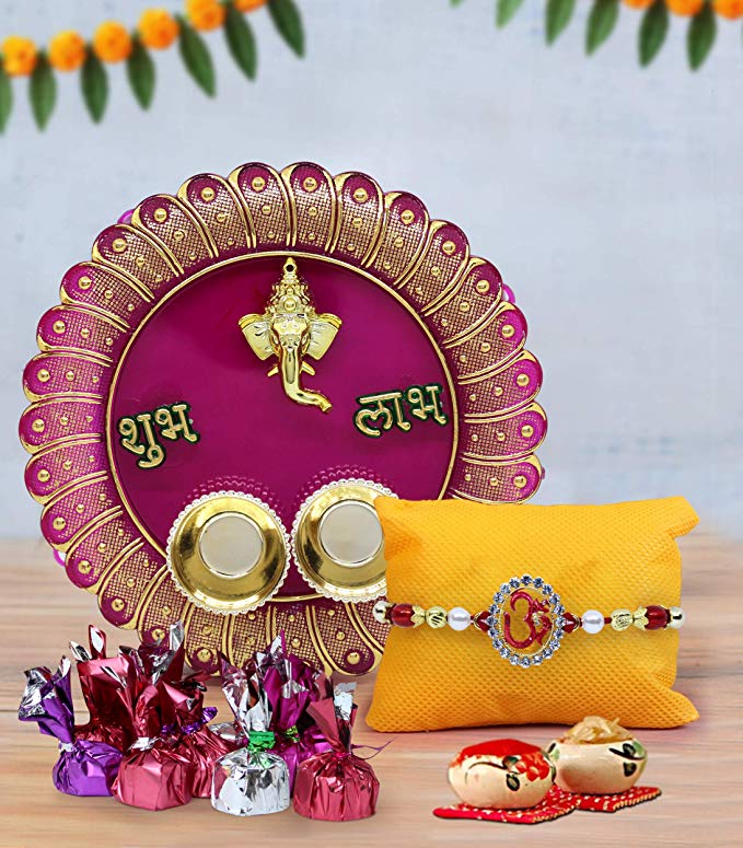 TIED RIBBONS Rakhi for Rakshabandhan with Gifts for Brother and Handmade Dark Chocolates ( 11 pcs ) Ganesh Pooja Thali Roli Chawal and Raksha Bandhan Special Card
