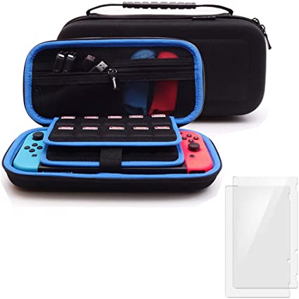 Soyan Carry Case Compatible with Nintendo Switch with 2 Pack Tempered Glass Screen Protectors (Blue)