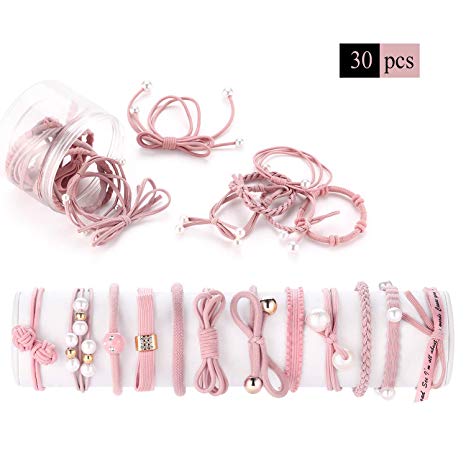 Classic Hair Ties Set, Funtopia 30 Thick Hair Stretchy Elastic Hair Bands Hair Ropes Ponytail Holders Rubber Bands Bulk, Thick and Durable Hair Accessories, Universal for Girls Women Kids Ladies,Pink