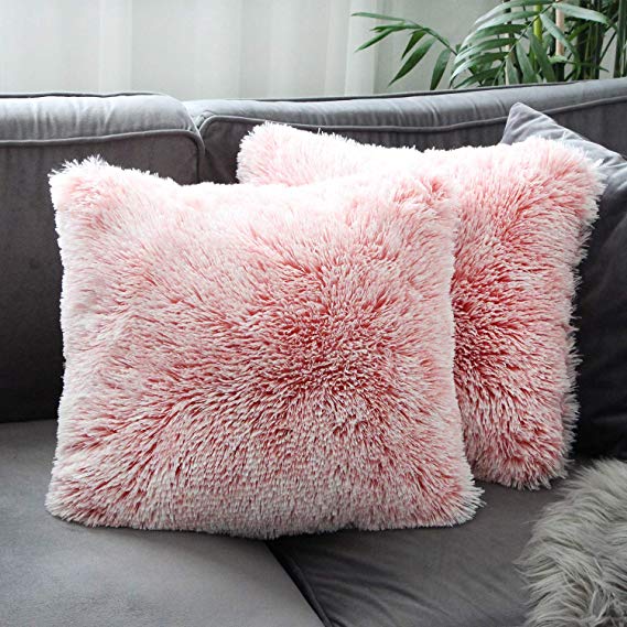 Uhomy Home Decorative Luxury Series Super Soft Style Faux Fur Throw Pillow Case Cushion Cover for Sofa/Bed Pink Ombre 18x18 Inch 45x45 cm Set of 2