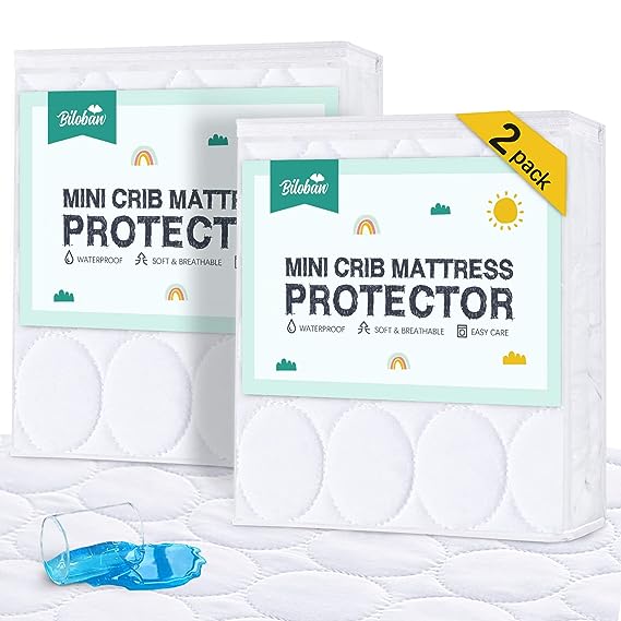 Mini Crib Mattress Protector 2 Pack Waterproof, Quilted 38"x24" Protective Pack and Play Mattress Pad Cover, Noiseless & Breathable Baby Mini Crib Sheets for Boys & Girls