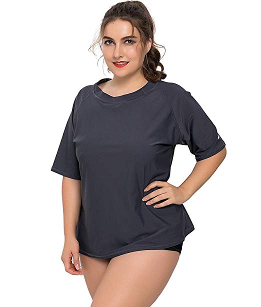 ATTRACO Women Rashguard Plus Size Short Sleeve Swim Shirts Top Sun Protective UV Shirt