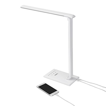 VonHaus White Folding LED Desk Lamp with USB Charger, 7 Level Dimmer, Touch Control & Timer - College Student, Bedroom, Office, Hobby or Modern Table Lamp