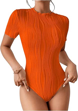 Milumia Women's Short Sleeve Mock Neck Bodysuits Textured Work Tops Shirt