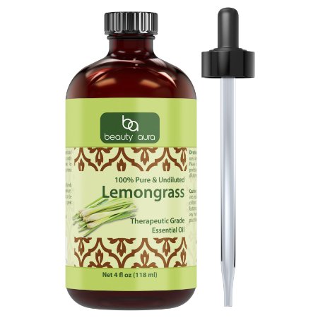 Beauty Aura Lemongrass Essential Oil * 4 Oz. Bottle * 100% Pure, Undiluted Therapeutic Grade Oils * Ideal for Aromatherapy * Great Quality Great Value!