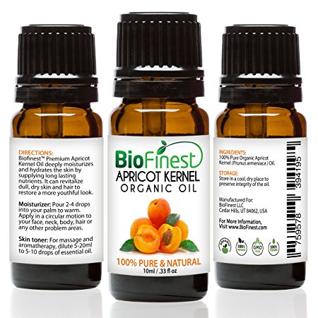 BioFinest Apricot Kernel Organic Oil - 100% Pure Cold-Pressed - Best Moisturizer For Hair Face Skin Acne Sunburn Cuts Wrinkle Scars Eczema - Essential Antioxidant, Vitamin E - FREE E-Book (10ml)