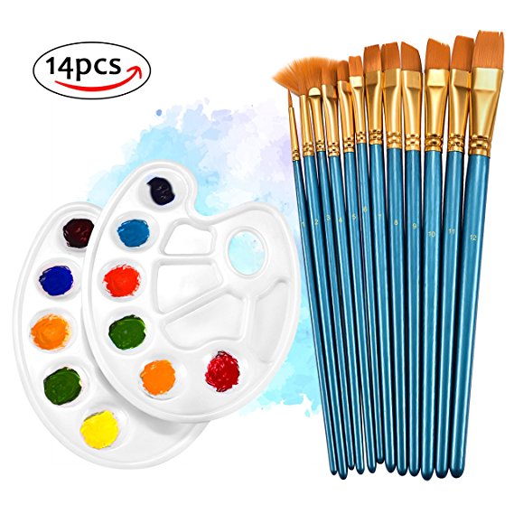 Paint Brushes,TOPELEK 12 Pcs Paint Brush set Includes 2 Additional Paint Tray Palettes for Acrylic,watercolor,Craft & oil painting.Great for Beginners, Kids, Artists and Painting Lovers