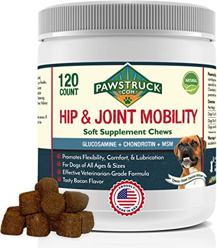 Pawstruck Hip & Joint Supplement for Dogs - Soft Chewable with Glucosamine, Chondroitin, Omega-3 Fatty Acids& MSM for Dog Hip and Joint Health, Made in USA