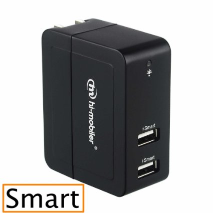 Hi-mobiler 20W Black USB Dual-Port Smart TravelWall Charger with Smart Charging TechnologySCT For iPhone 6 6 Plus 5S 5C 5 4S 4 iPad Air Mini 123 Samsung Galaxy S5 S4 S3 Note 4 3 HTC ONEM8 Nexus and more Tablets Smartphones