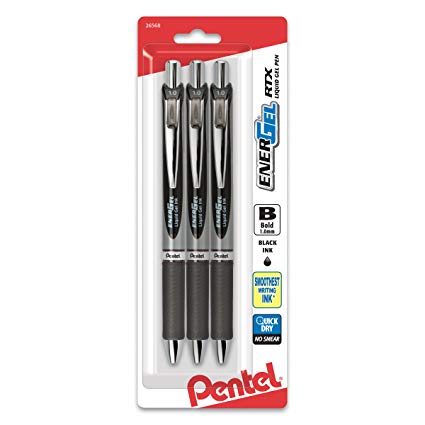 Pentel EnerGel RTX Retractable Liquid Gel Pen, Bold Line, Metal Tip, Black Ink 3pk (BL80BP3A)