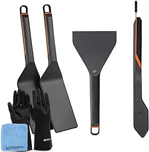 Blackstone Griddle Accessories 8202 E-Series 4-Piece Blackstone Tool Kit, Includes 2 Spatulas, Tongs, and Scraper, with Wholesalehome Reusable Gloves and Cloth