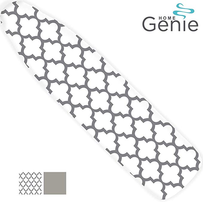 HOME GENIE Reflective Silicone Ironing Board Cover, 15x54, Fits Large and Standard Boards, Pads Resist Scorching and Staining, Elastic Edge Covers, No More Fasteners Needed, Quatrefoil White Gray