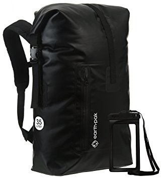 Earth Pak Waterproof Backpack: 35L Heavy Duty Roll-Top Closure with Easy Access Front-Zippered Pocket and Cushioned Padded Back Panel for Comfort; IPX8 Waterproof Phone Case Included