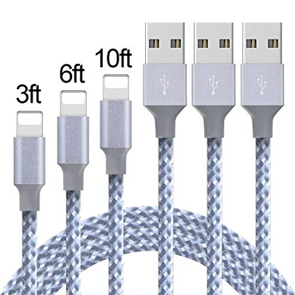 Lightning Cable,WZS iPhone Charger Cables 3Pack 3FT 6FT 10FT to USB Syncing Data and Nylon Braided Cord Charger for iPhoneX/Xr/8/8Plus/7/7Plus/6/6Plus/6s/6sPlus/5/5s/5c/SE and More
