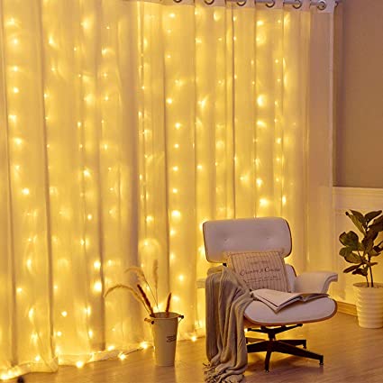 FANSIR 300 LED Curtain Lights, USB Window Lights 3m x 3m 8 Modes Remote Control Timer Waterproof Upgraded LED Fairy String Lights for Christmas Party Wedding Garden Decoration(Warm White)