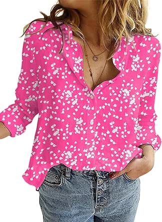 Dokotoo Women's Casual V Neck Alicia Floral Print Roll Up Long Sleeve Chiffon Button Down Blouses Bohemian Top Shirts