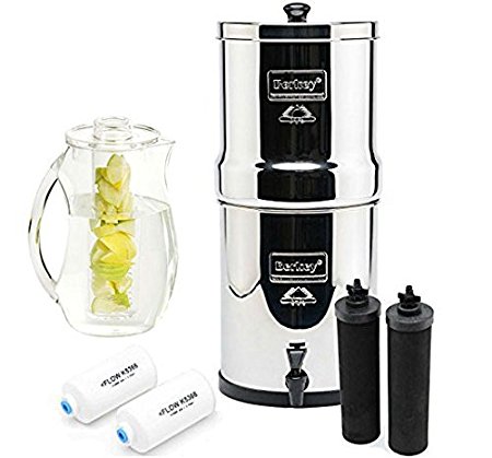 Berkey BK4X2-BB Big Berkey Stainless Steel Water Filtration System- 2 Black Filter Elements and 2 Pf2 with 92 oz. Infuser pitcher