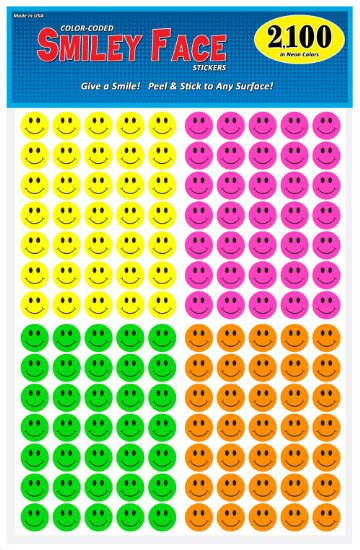Pack of 2100, Happy Face Smiley Stickers, ¾ inch Round Circles, Bright Neon Colors, Great for Teachers