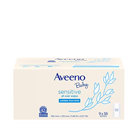 Aveeno Baby Sensitive All Over Wipes, Hypoallergenic & Fragrance-Free, 9 Pack of 56 Ct, 504Count