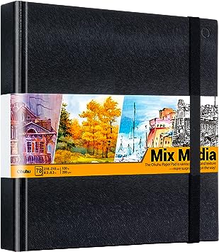 Mix Media Sketchbook, Ohuhu 8.3"×8.3" Watercolour Sketchbook for Wet or Dry Media, 120 LB/200 GSM Heavyweight Mixed Media Art Papers, 78 Sheets/156 Pages, PU Hardcover Mixed Media Paper Pad for Acrylic, Painting