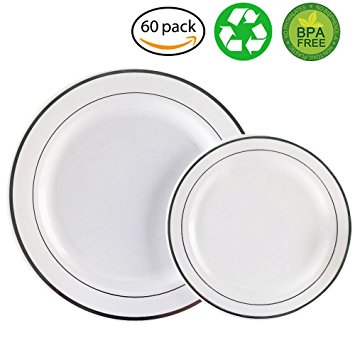 60PCS Heavyweight White with Silver Rim Wedding Party Plastic Plates,Dinnerware Sets,30-10.25inch Dinner Plates and 30-7.5inch Salad Plates -WDF (White/Silver Rim)