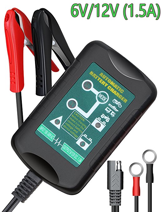 LST 6V/12V 1.5Amp Vehicle Battery Charger Maintainer Smart Fast Waterproof with 4 Stages Charging for All types of ATV Motorcycle Automotive Marine RV AGM Gel cell Batteries