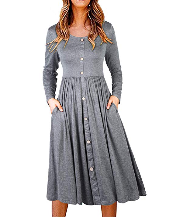 II ININ Women's Long Sleeve Casual Button Down Loose Swing Midi Dress with Pockets