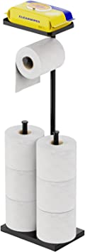Toilet Paper Holder Stand, F-color Toilet Paper Roll Holder Stand and Dispenser for 6 Spare Rolls, Free Standing Toilet Paper Holder with Shelf for Bathroom, Black