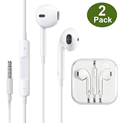 (2 Pack) Aux Headphones/Earphones/Earbuds 3.5mm Wired Headphones Noise Isolating Earphones with Built-in Microphone & Volume Control Compatible with iPhone 6 SE 5S 4 iPod iPad Samsung/Android MP3