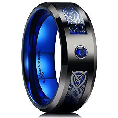 King Will GEM 8mm Mens Celtic & Blue Cubic Zircon Inlay Black Tungsten Carbide Wedding Ring Comfort Fit