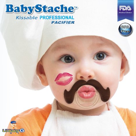 Babystache Kissable Mustache Pacifier - Kissable Brown Professional - Made from 100 BPA and Latex Free Silicone - FDA Listed Medical Device - For Boys and Girls and Infants and Toddlers of any Age