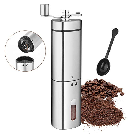 Manual Coffee Grinder-Bean Burr Mill With Adjustable Setting, Transparent Stainless Steel Hand Crank Coffee Grinder & Coffee Scoop, Portable Size Perfect for The Home Office or Travelling, Best for Brewing Espresso, French Press and Turkish Coffee