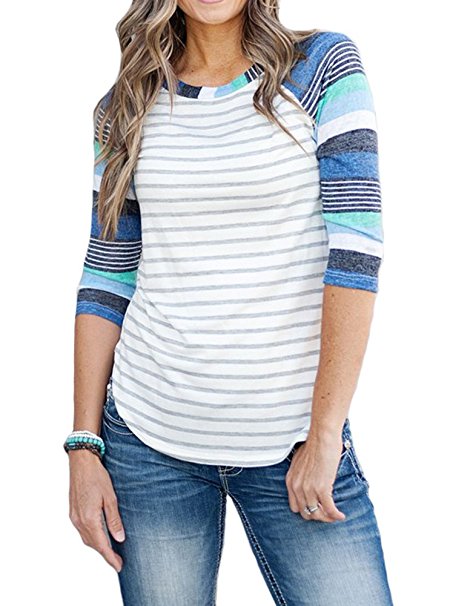 MEROKEETY Women's Striped Contrast Color Tops 3/4 Sleeve Baseball Tee Shirt Blouse