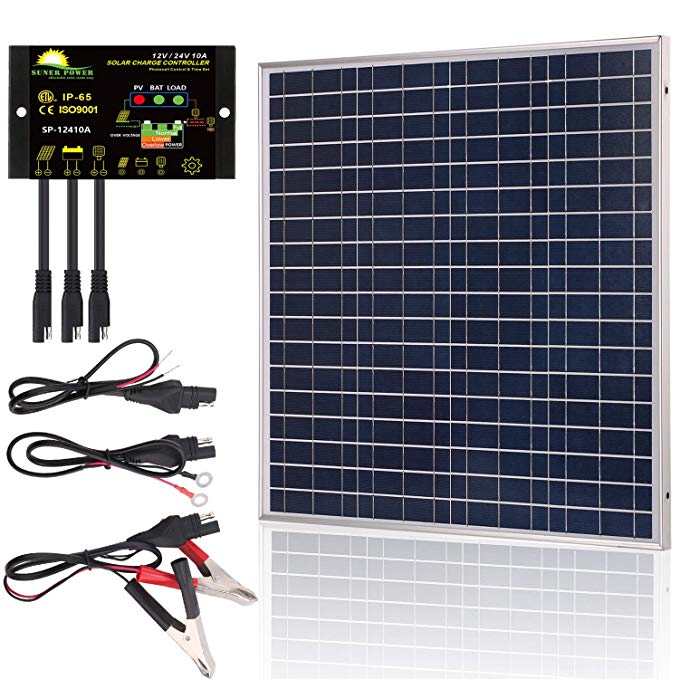SUNER POWER 50 Watts 12V Off Grid Solar Panel Kit - Waterproof 50W Solar Panel   Photocell 10A Solar Charge Controller with Work Time Setting   SAE Connection Cable Kits