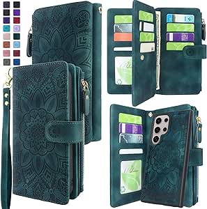 Harryshell Detachable Magnetic Zipper Wallet Leather Case with Cash Coin Pocket 12 Card Slots Holder Wrist Strap Lanyard for Samsung Galaxy S24 Ultra 5G 6.8 inch (2024) (Flower Teal)