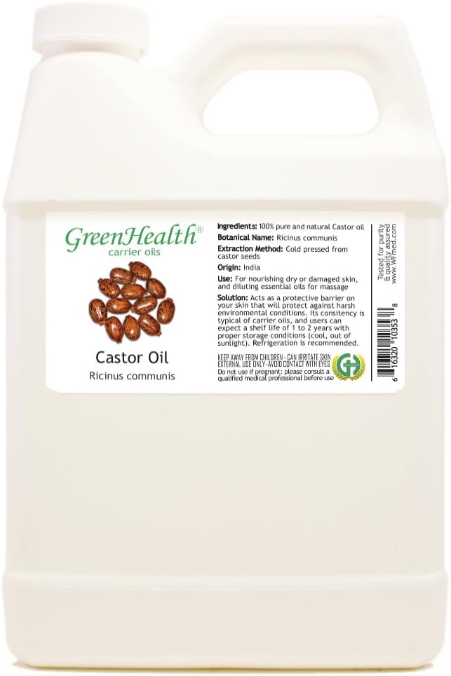 GreenHealth Castor Oil – 32 fl oz (946 ml) Plastic Jug w/Cap – 100% Pure Carrier Oil – For Eyebrows, Eyelashes, Hair, Skin, & Nails