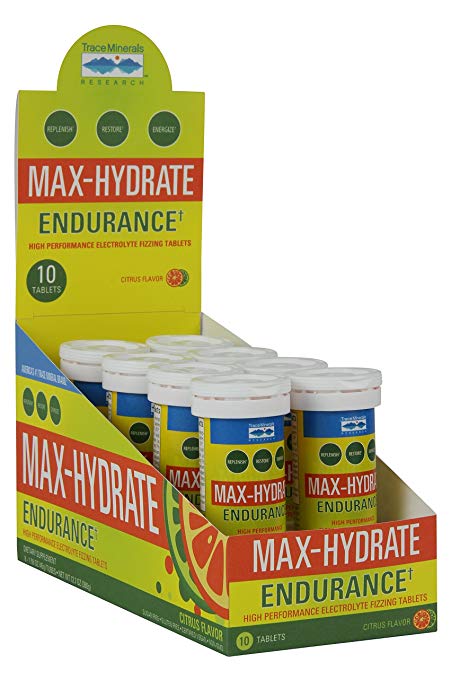 MAX-Hydrate Endurance, 8 Tubes of 10 Tablets, HIGH Performance Electrolyte FIZZING Tablets,Citrus, Calcium, Magnesium, Sodium, Potassium, Trace Minerals, Non GMO, Gluten Free, Hydration.