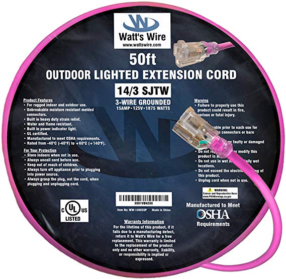 50-ft 14/3 Heavy Duty Lighted SJTW Indoor/Outdoor Extension Cord by Watt's Wire - Pink 50' 14-Gauge Grounded 15-Amp Three-Prong Power-Cord (50 foot 14-Awg)