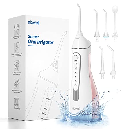 Water Dental Flosser Cordless for Teeth - Nicwell 4 Modes Dental Oral Irrigator, Portable and Rechargeable IPX7 Waterproof Powerful Battery Life Water Teeth Cleaner Picks for Home Travel (Pink)