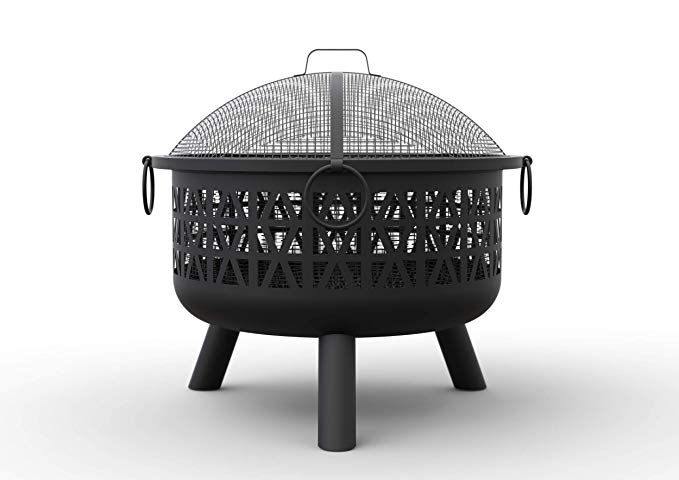 VonHaus Geo Fire Pit Bowl with Spark Guard & Poker – Outdoor Black Steel Garden Patio Heater/Burner for Wood & Charcoal