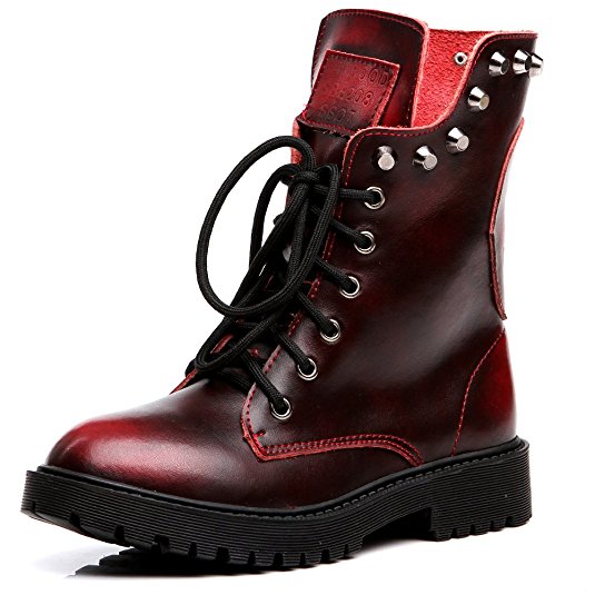 Shenn Women's Round Toe Ankle High Punk Military Combat Boots