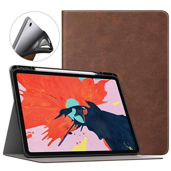 MoKo Case Fit iPad Pro 12.9" 2018 with Apple Pencil Holder [Support Magnetically Attach Charging/Pairing Feature] Premium Light Weight Shock Proof Stand Folio Cover with Auto Wake/Sleep - Brown