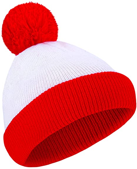 Cooraby Red White Pom Pom Cuff Beanie Hats Halloween Costume Beanies (L for Adults, S for Kids)