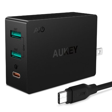 AUKEY Amp Type-C 3-Port Wall Charger with Quick Charge 3.0; Includes USB-C Cable to charge LG G5, HTC 10, Nexus 6P & More