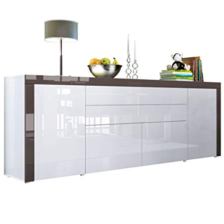 Vladon Sideboard Chest Drawers La Paz V2, Carcass in White High Gloss/Front in White High Gloss a frame in Chocolate High Gloss